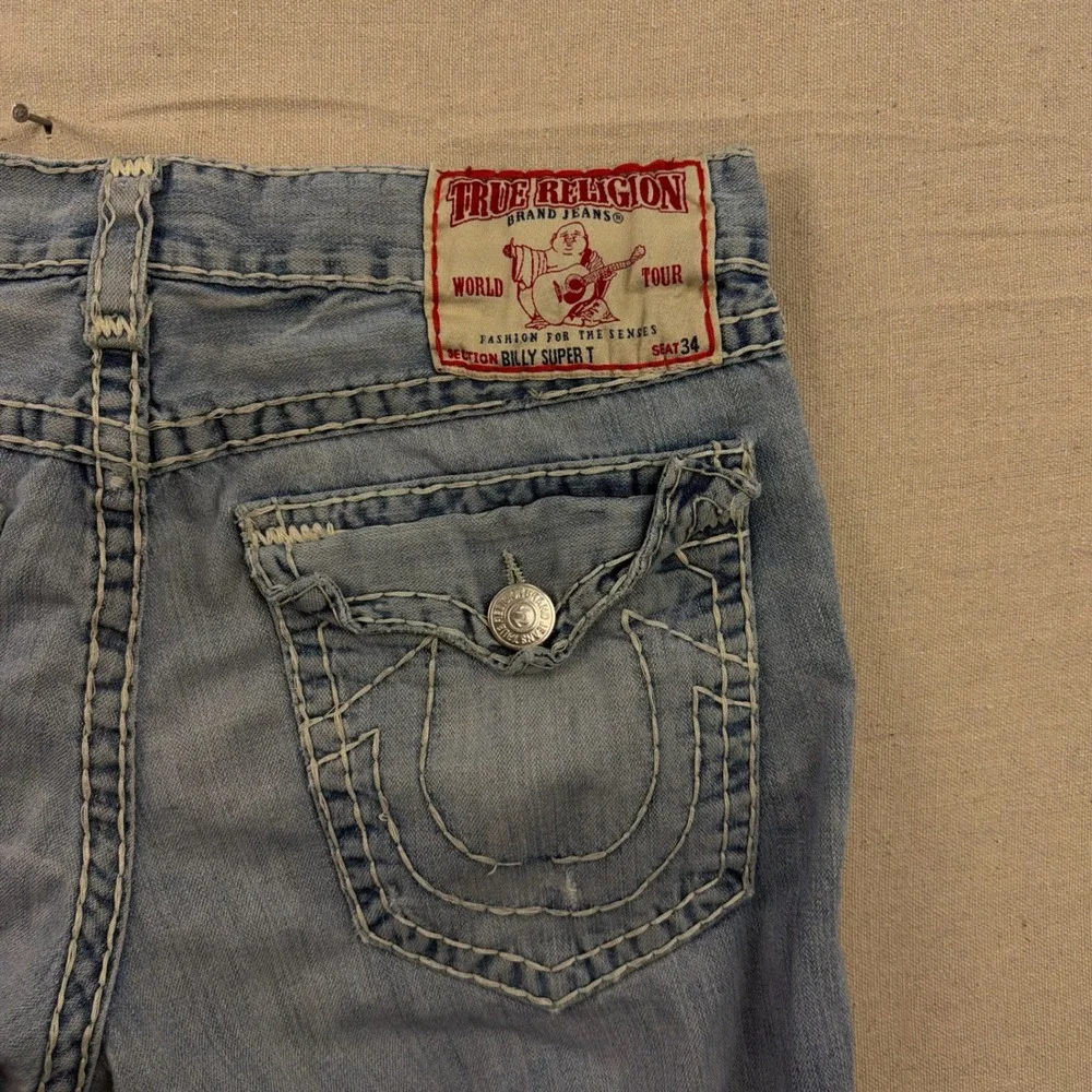 VTG True Religion Billy Super T Jeans 38 Blue Distressed Bootcut Contrast Stitch